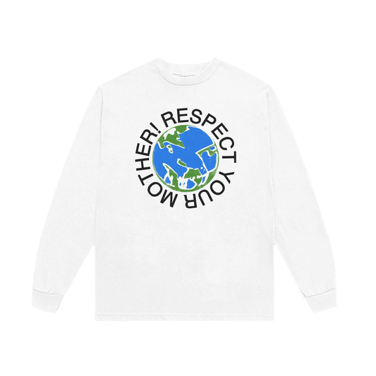 White Harry Styles Respect Your Mother long sleeve shirt with blue and green Earth graphic front view