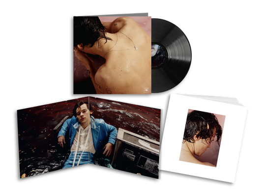 Deluxe Harry Styles self titled vinyl set with black LP booklet exclusive photo inserts and collectible album packaging display