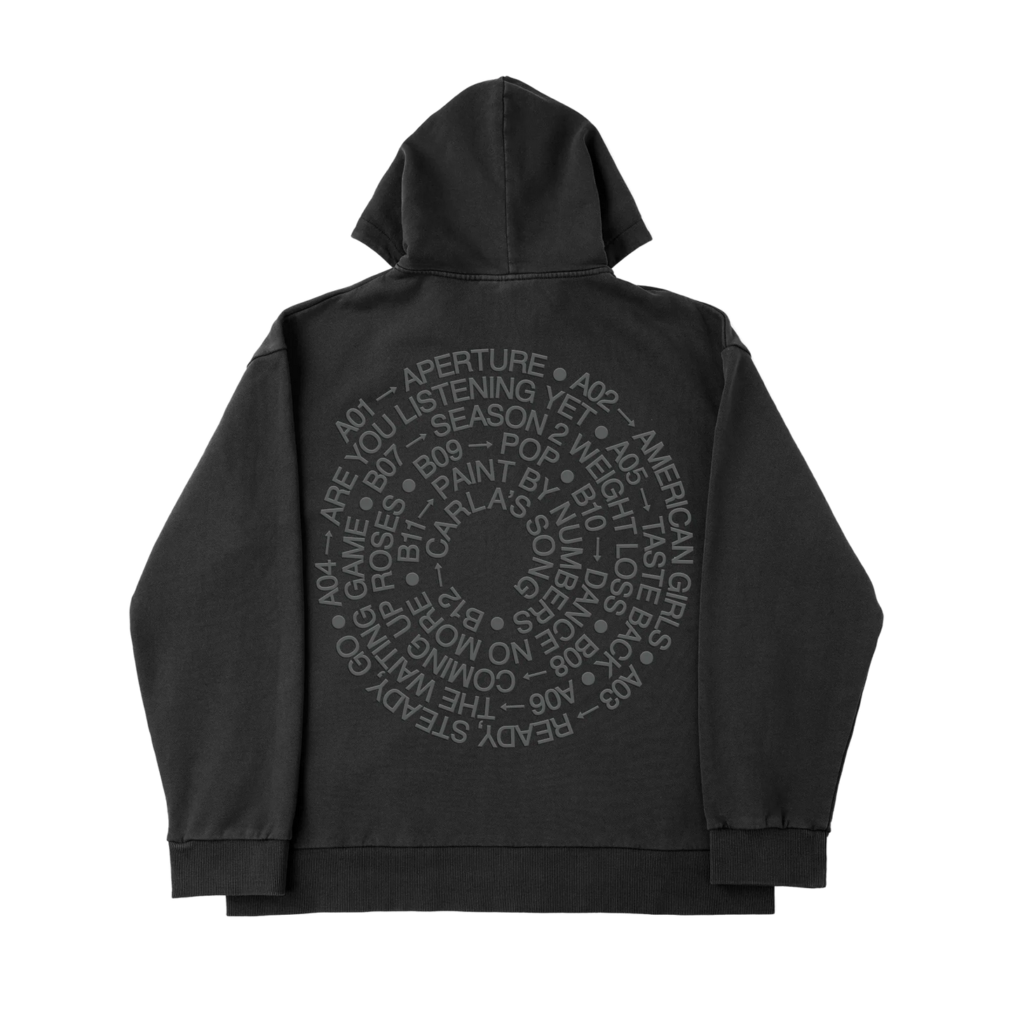 Black Harry Styles official merch zip hoodie with tonal circular tracklist artwork in premium vintage fashion back view