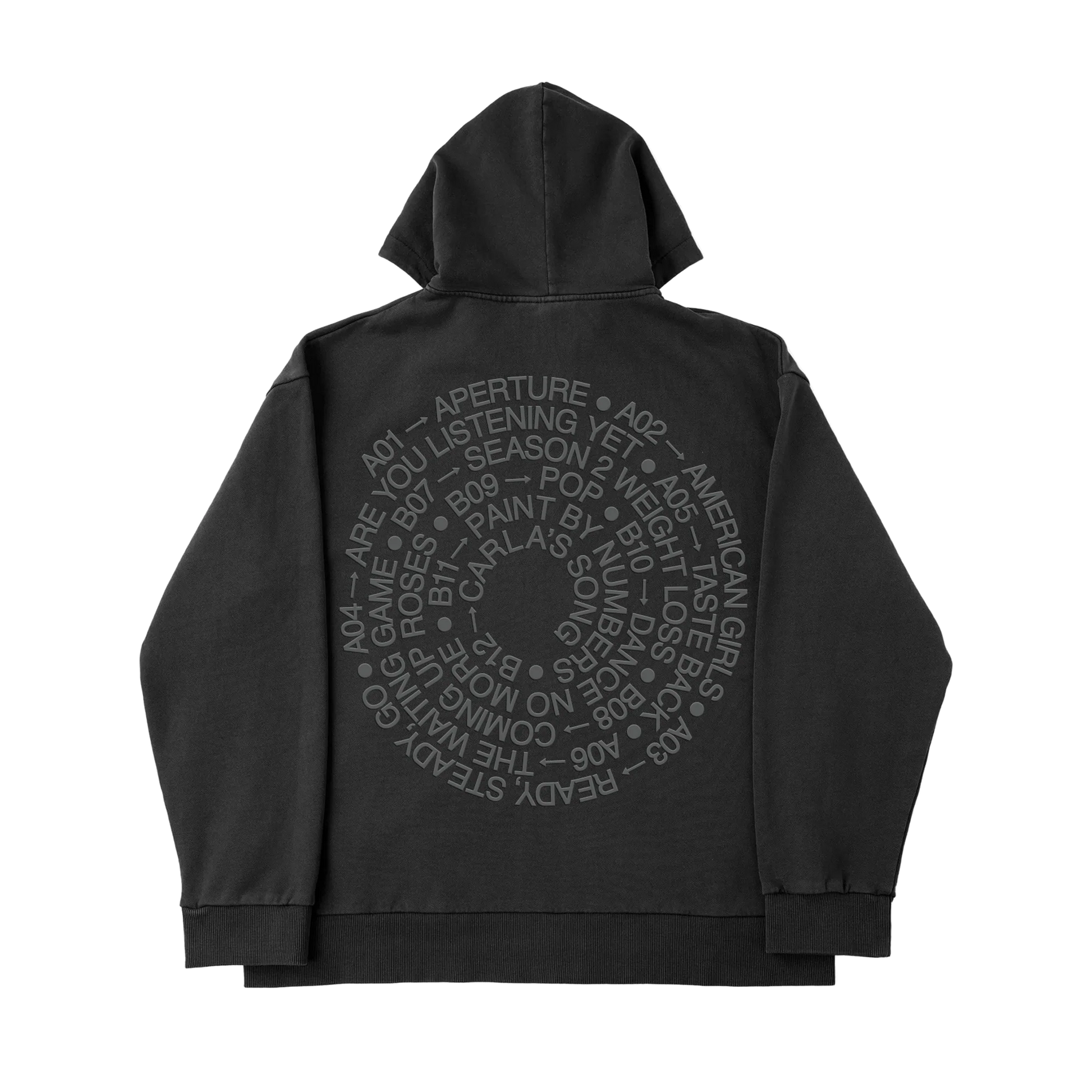 Black Harry Styles official merch zip hoodie with tonal circular tracklist artwork in premium vintage fashion back view