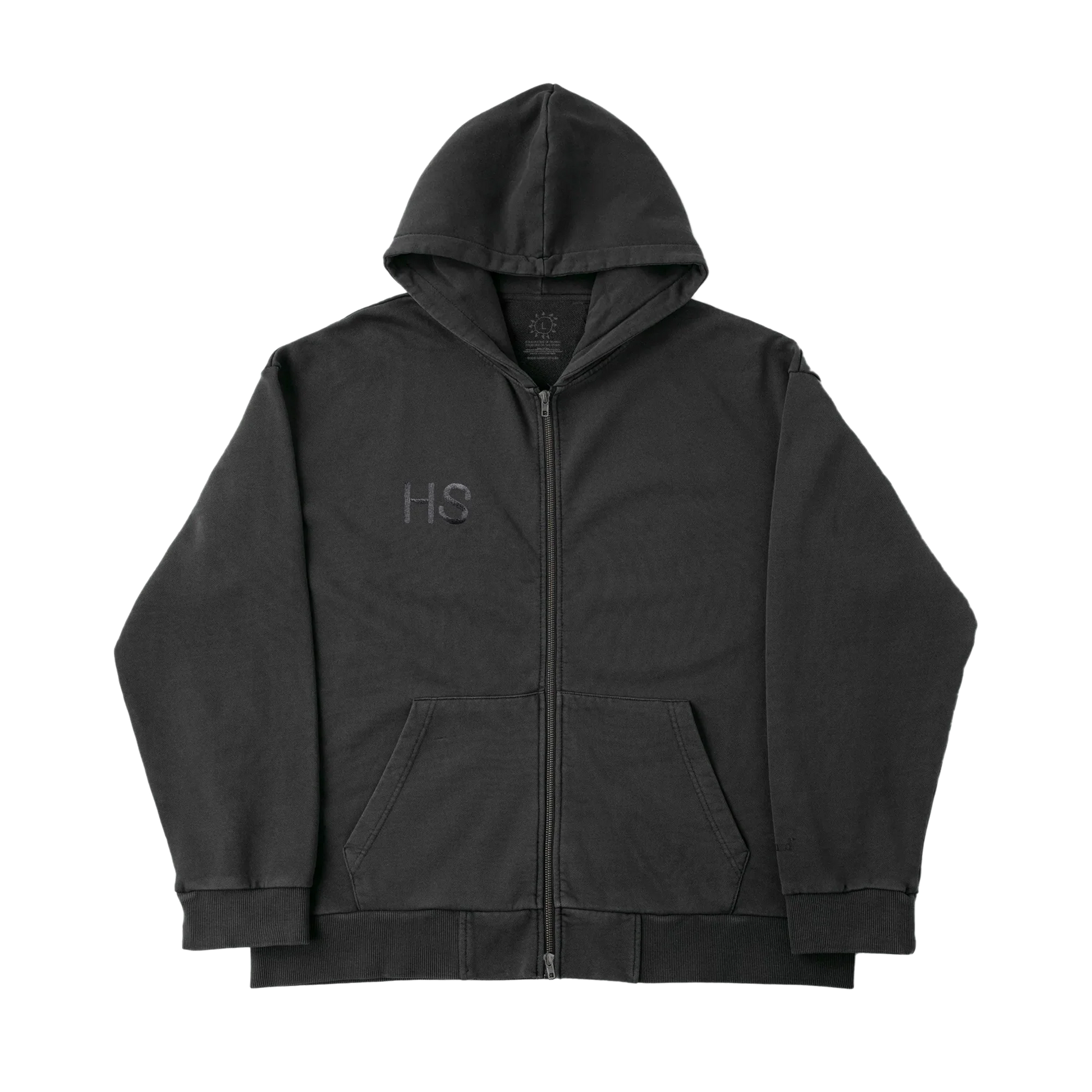 Black Harry Styles zip up hoodie with subtle HS logo embroidery in luxury minimalist streetwear front view