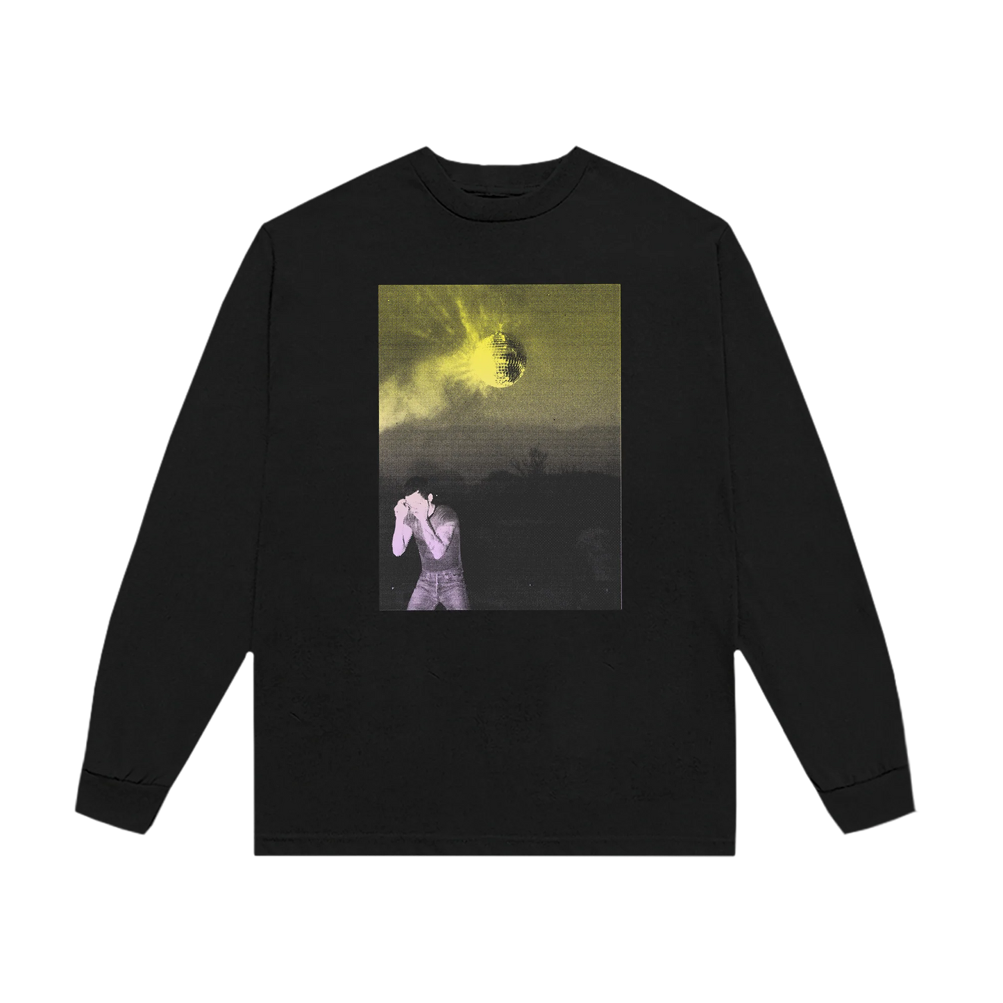 Black Harry Styles long sleeve tee with Strange Dawn disco photo graphic featuring glowing mirror ball front view