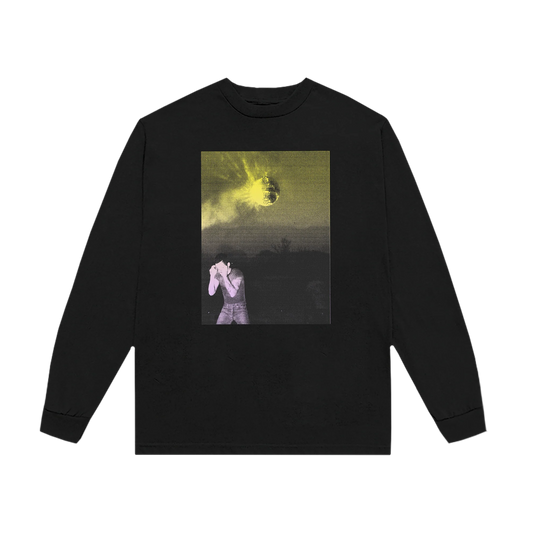 Black Harry Styles long sleeve tee with Strange Dawn disco photo graphic featuring glowing mirror ball front view