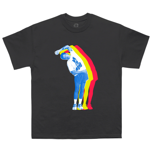 Black Harry Styles merch t shirt with colorful stretch silhouette graphic in vintage pop streetwear style front view