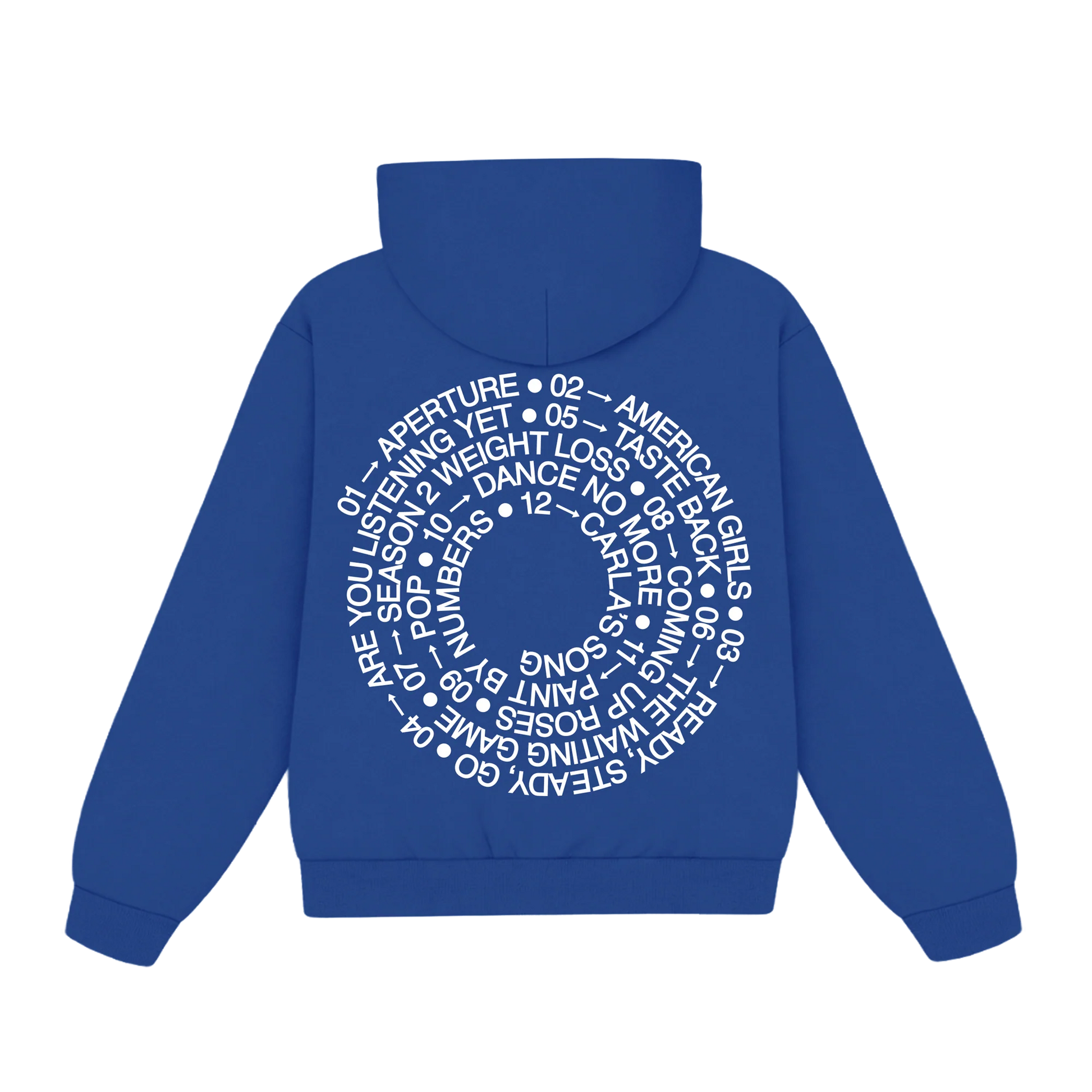 Blue Harry Styles official merch hoodie featuring circular album tracklist artwork in modern retro back view