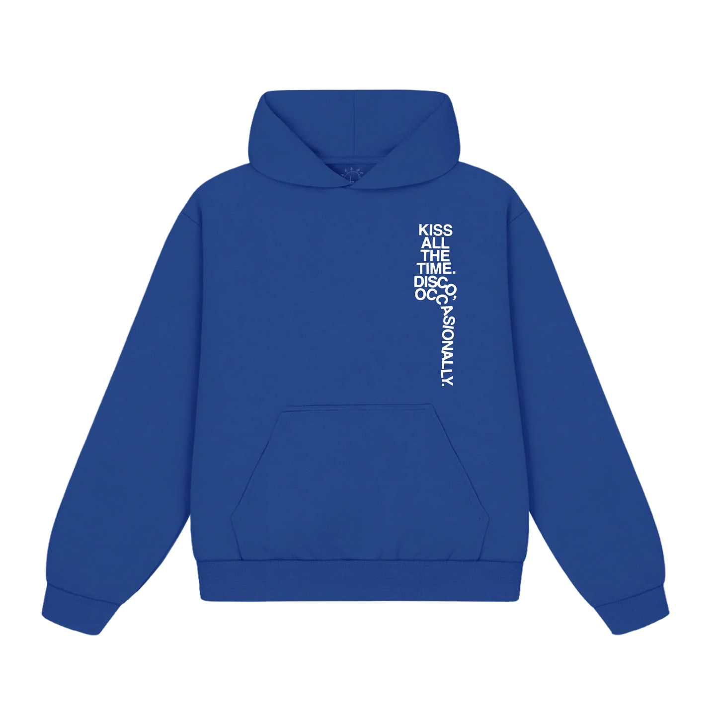 Blue Harry Styles hoodie with Kiss All The Time Disco Occasionally typography graphic in premium pop streetwear front view