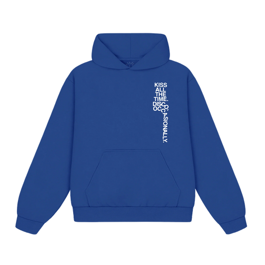 Blue Harry Styles hoodie with Kiss All The Time Disco Occasionally typography graphic in premium pop streetwear front view