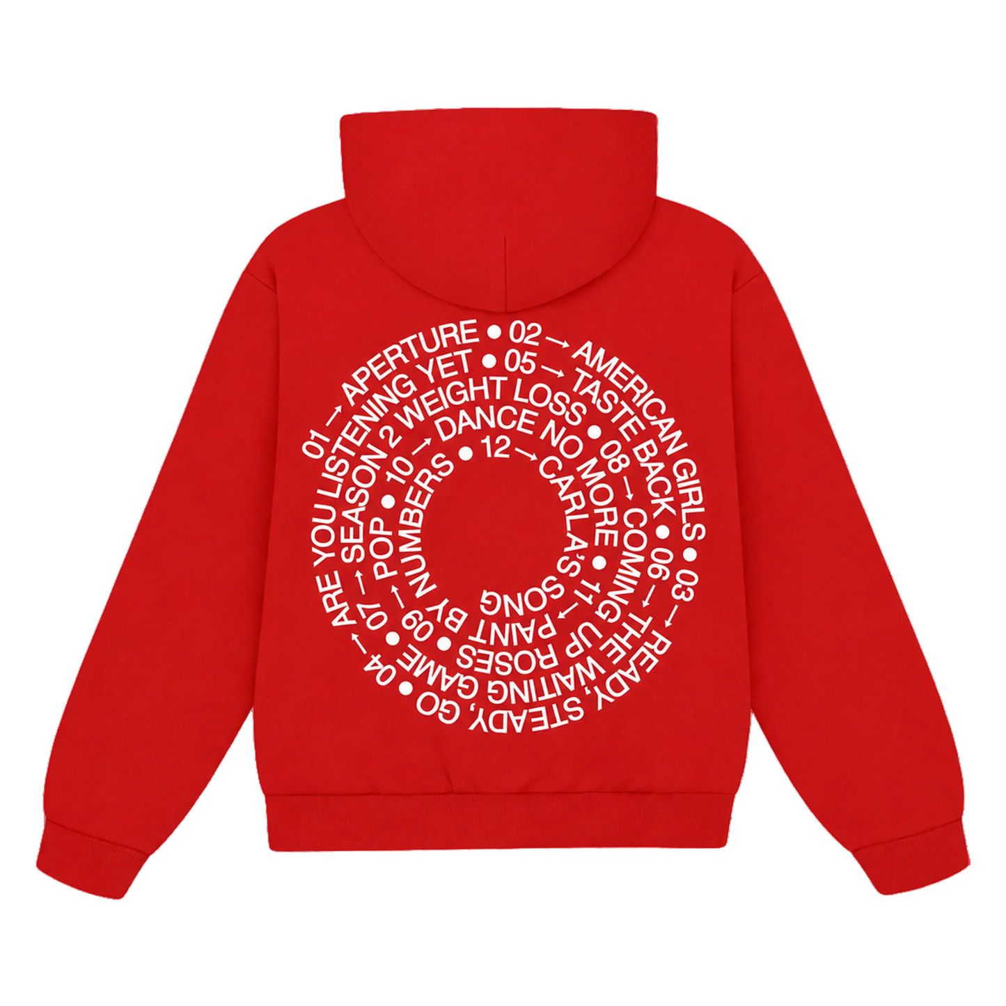 Red Harry Styles official merch hoodie featuring circular album tracklist artwork in vintage inspired back view