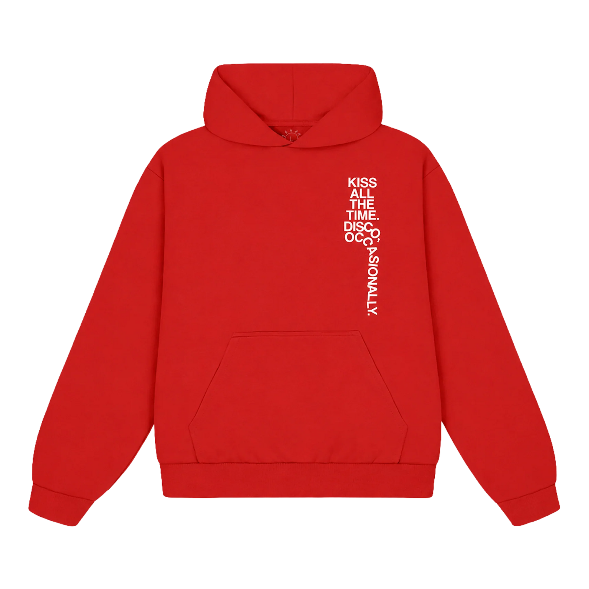 Red Harry Styles hoodie with Kiss All The Time Disco Occasionally typography graphic in premium pop streetwear front view