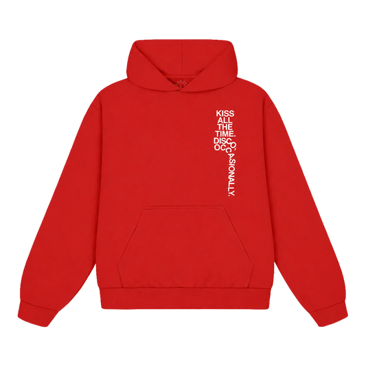 Red Harry Styles hoodie with Kiss All The Time Disco Occasionally typography graphic in premium pop streetwear front view