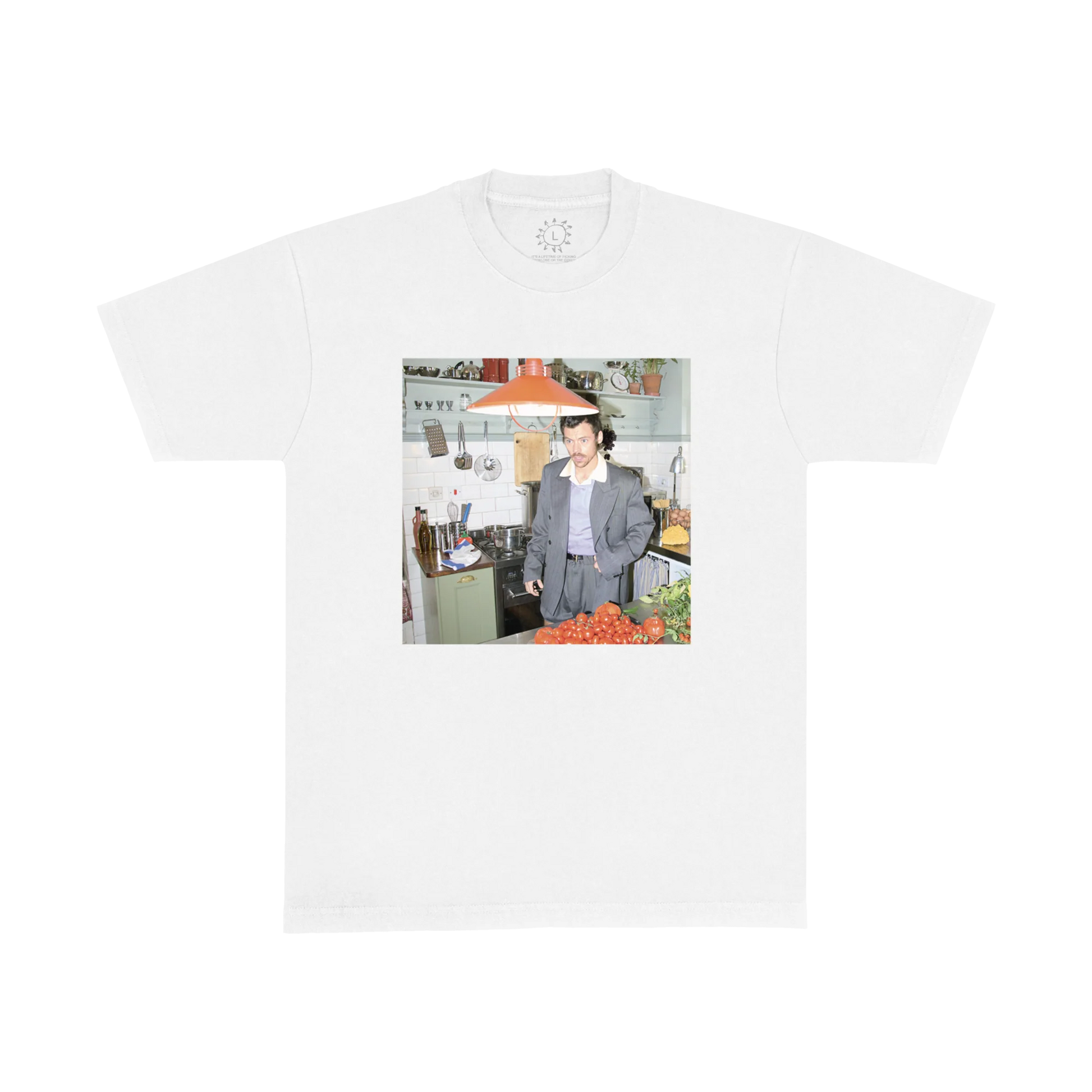 White Harry Styles t shirt featuring candid kitchen portrait artwork in artistic luxury pop fashion front view