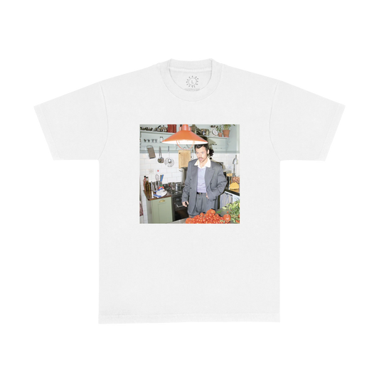 White Harry Styles t shirt featuring candid kitchen portrait artwork in artistic luxury pop fashion front view