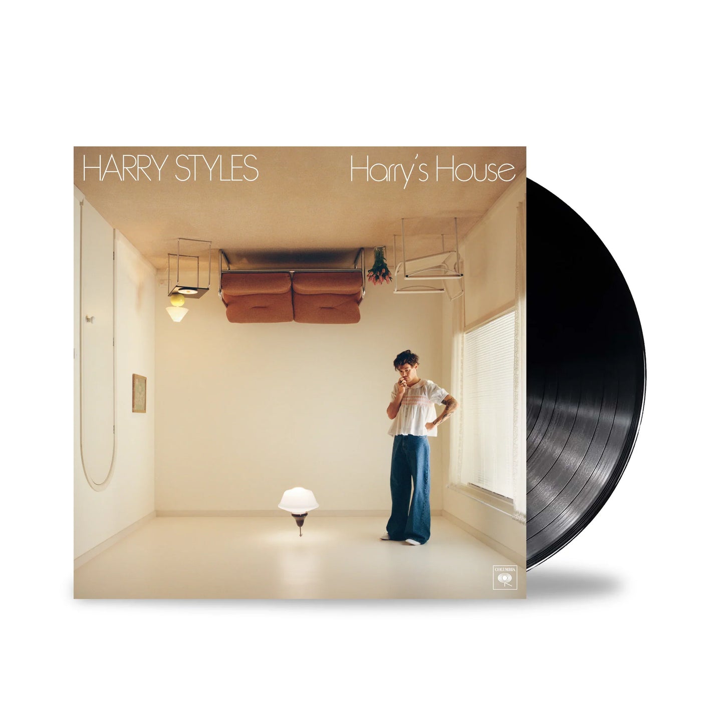 Harry Styles Harry’s House vinyl record with iconic upside-down room cover art and black LP collector edition album packaging